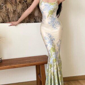 Women's Floral Print Maxi Mermaid Dress - Size S - Green & Blue